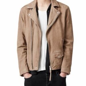 AllSaints Milo Suede Motorcycle Jacket in Mushroom Brown